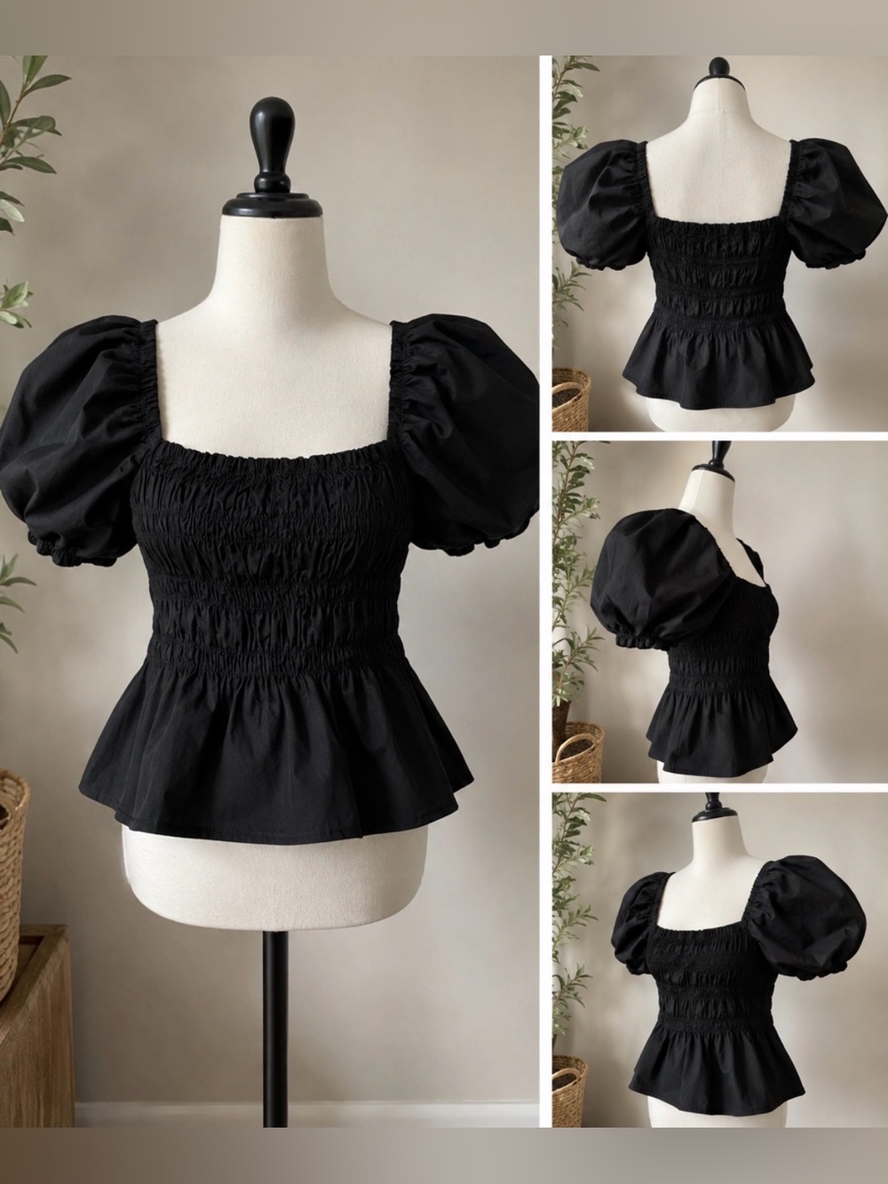 Karl Lagerfeld Black Puff Sleeve Smocked Blouse